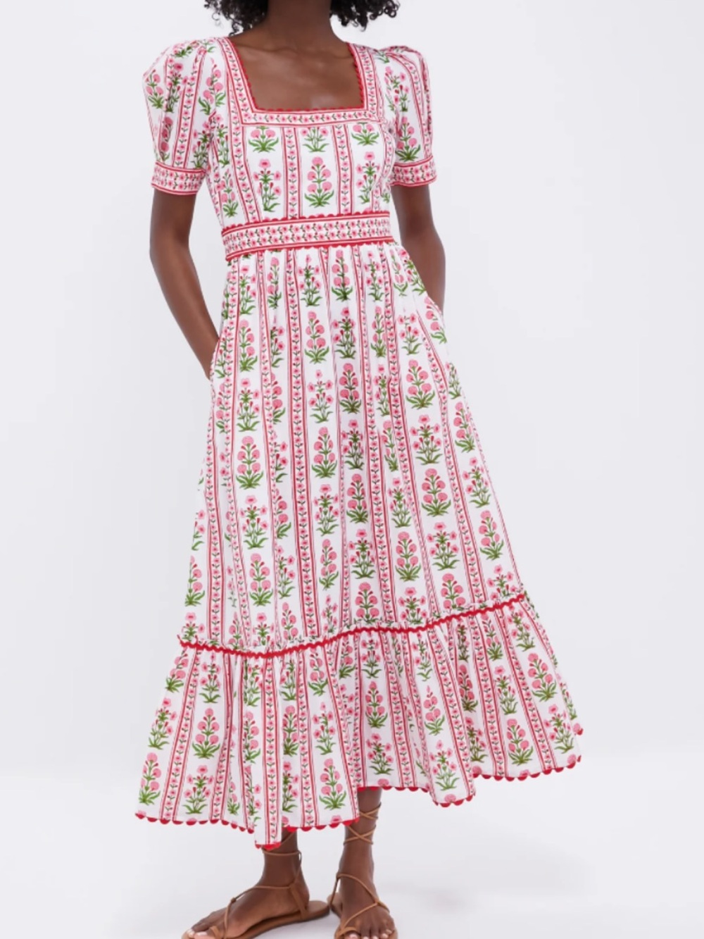 Square-Neck Floral Stripe Maxi Dress in Pink and Green